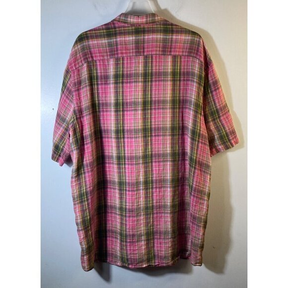 Mens Joseph Abboud Linen Short Sleeve Plaid Button Shirt Pink Green 2XL - Picture 2 of 6